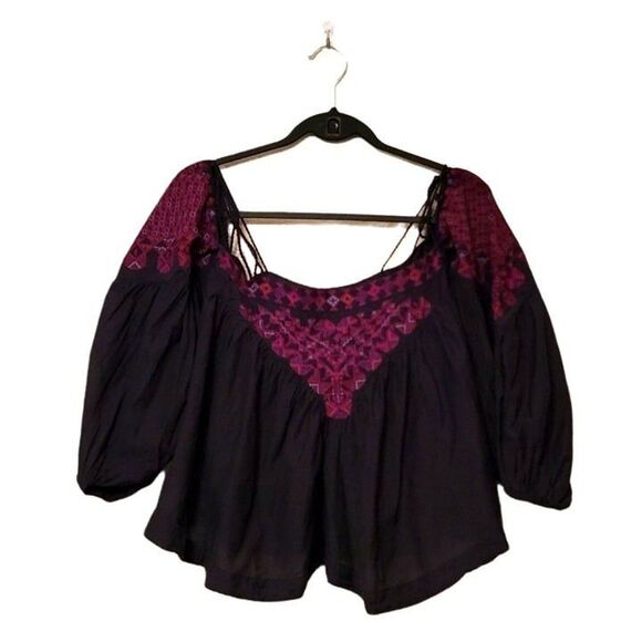 Free People Womens Top Black XS Off-the-Shoulder Embroidered Blouse - Picture 3 of 8